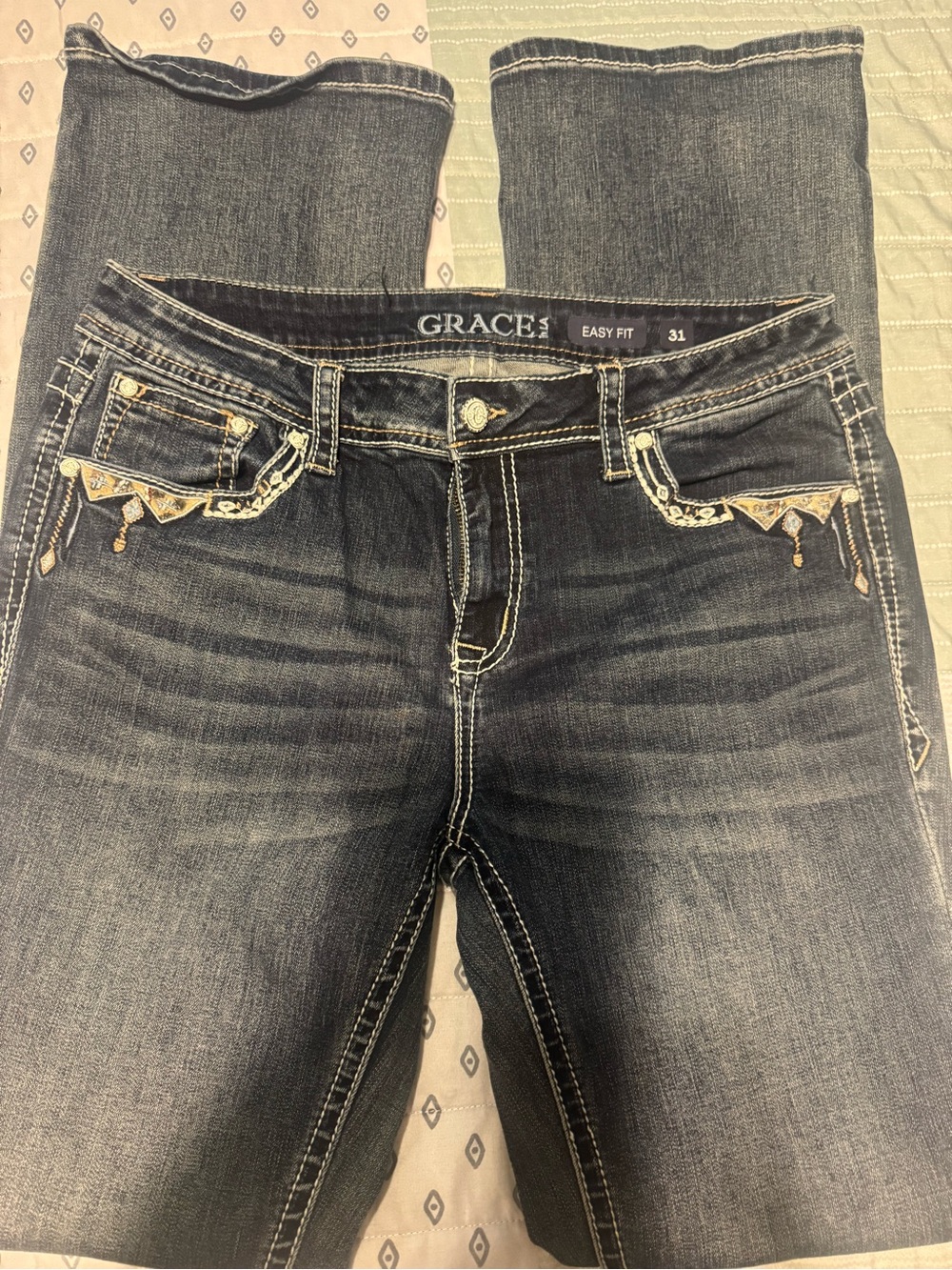 Grace Women’s Dark Blue Bootcut Jeans with Embroidered Pockets